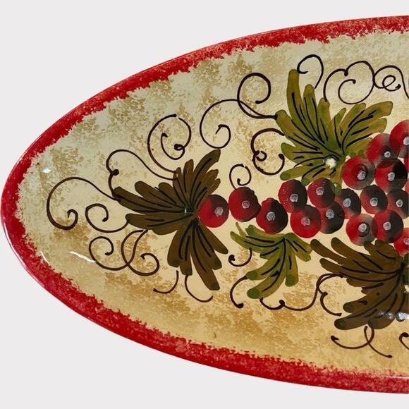 Hand Painted in Italy Grapes Tan and Red 13” Oval Tray - Picture 4 of 7